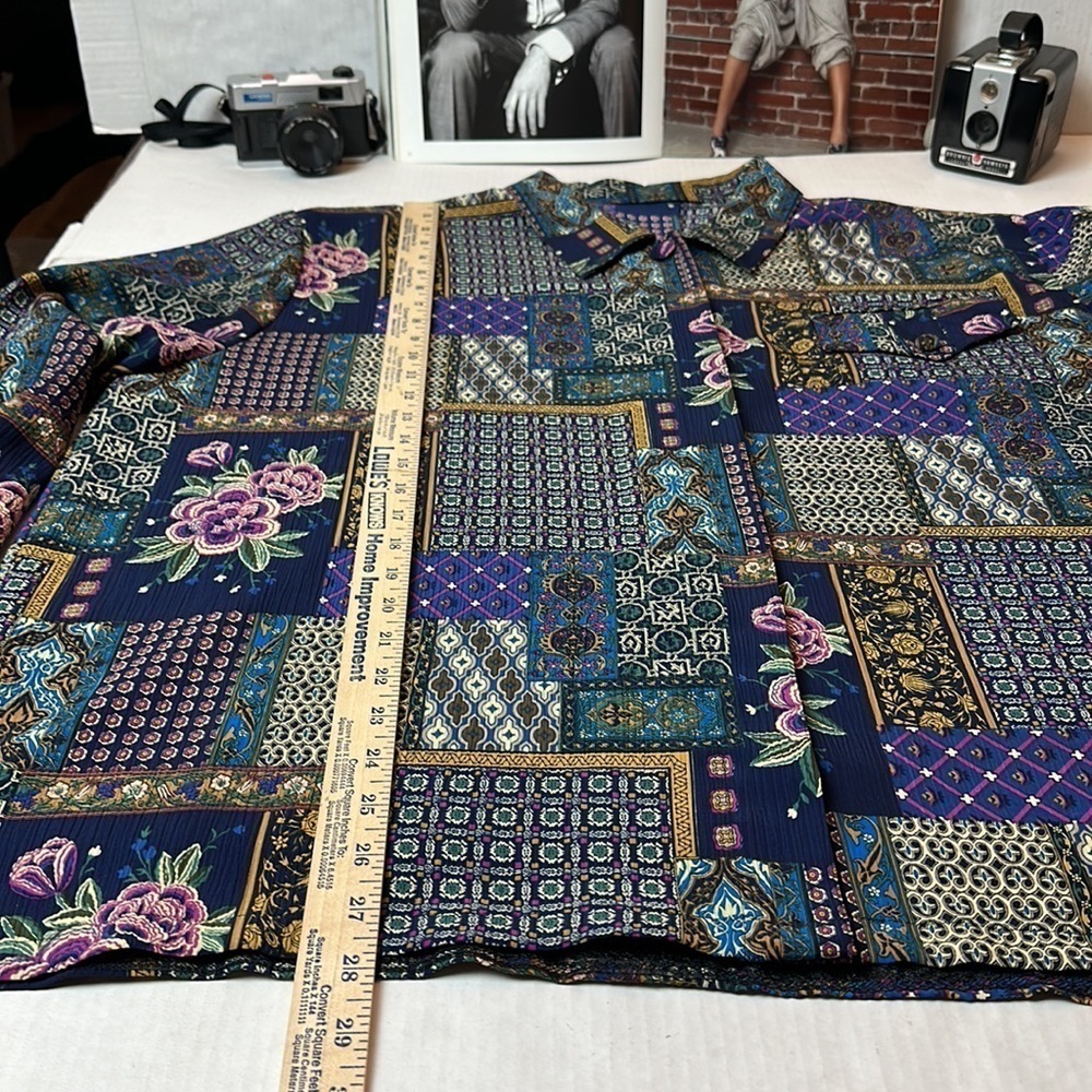 Patchwork Tapestry Boho Blouse | Hidden Button Front · 90s Art-to-Wear - Picture 4 of 11